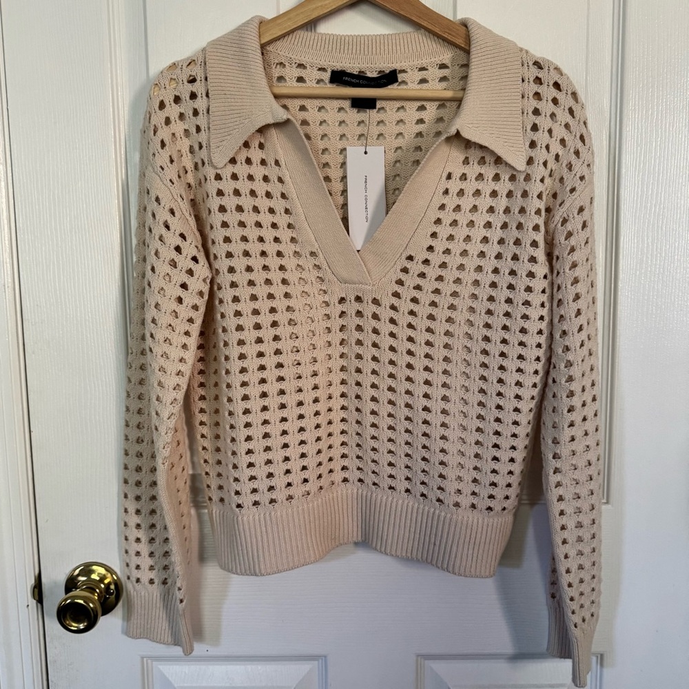 French Connection Manda Pointelle-Knit Polo Sweater Oatmeal Small NWT - Picture 2 of 5